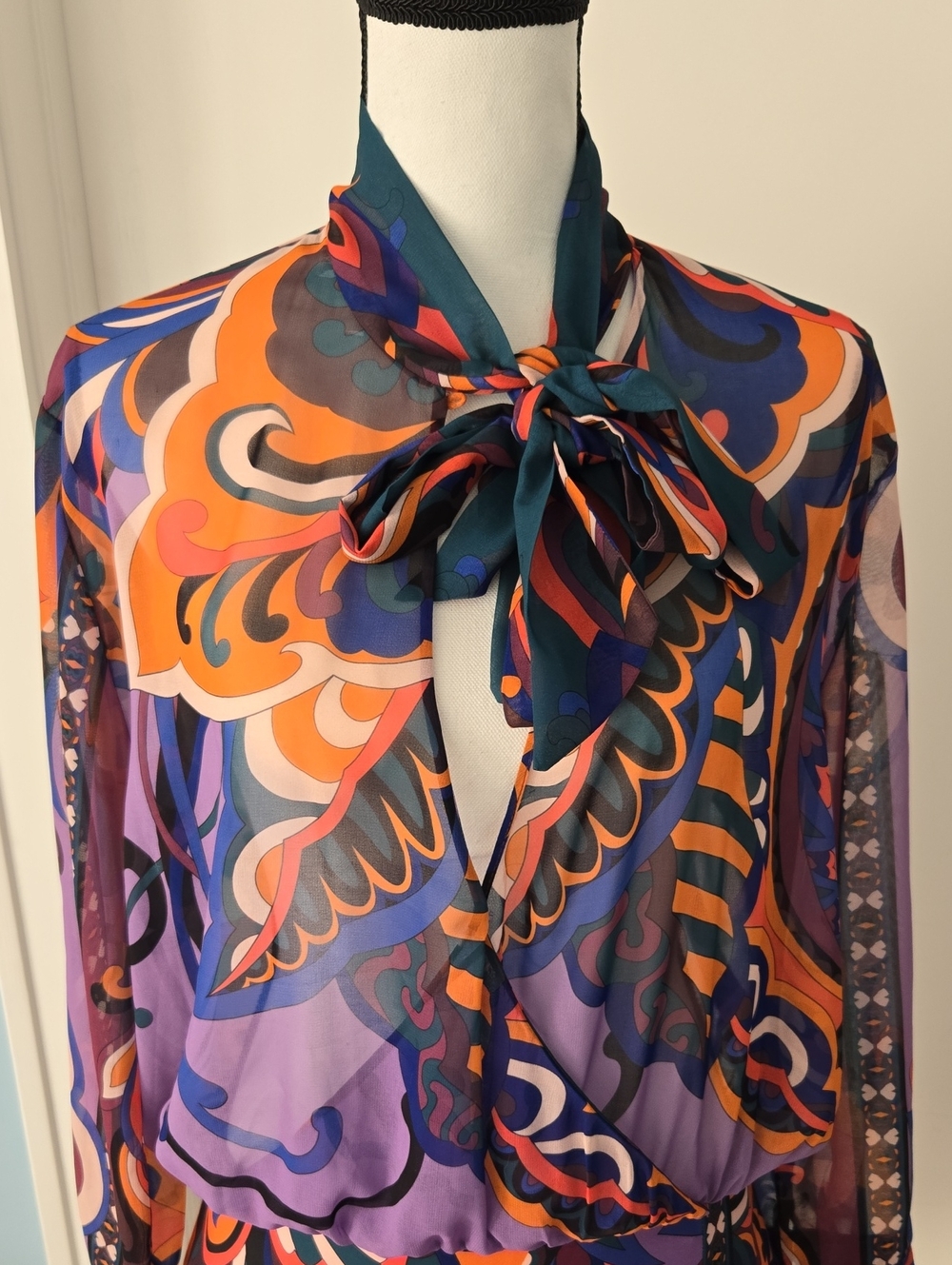 Zara Bright Multicolor Print Mini Blouson Dress Long Sleeves Neck Tie Fitted L - Picture 2 of 11